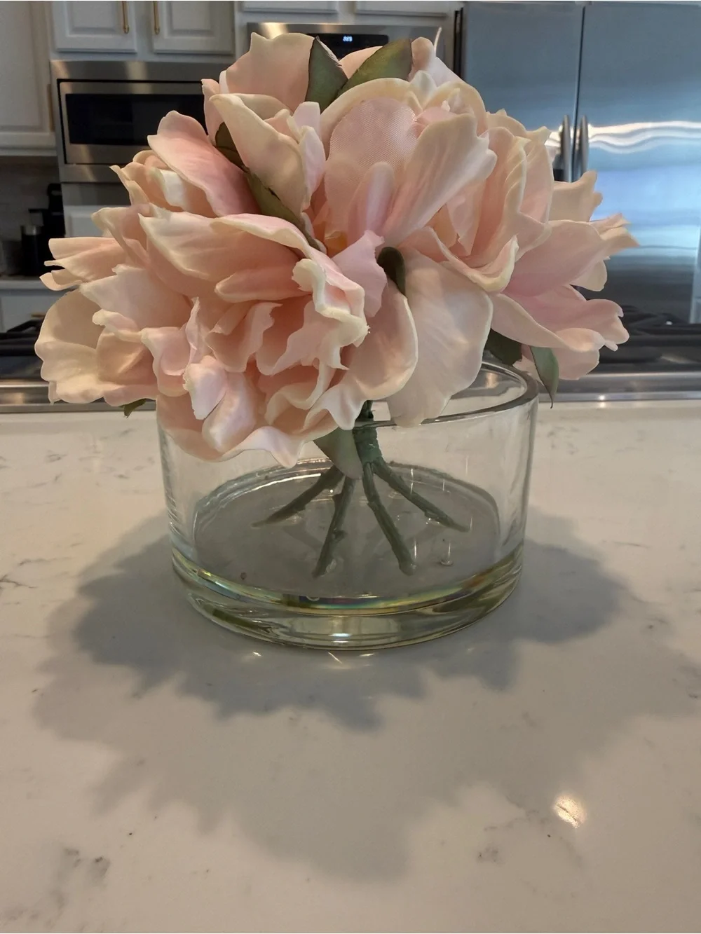 Faux Blush Pink Peony Floral Arrangement in Glass Vase Faux Water Cottage Decor